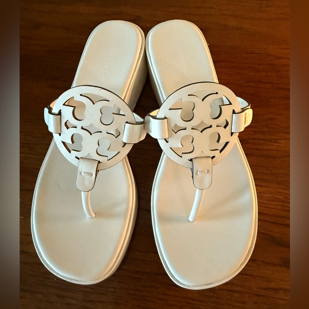 Tory Burch White Miller wedge Sandals with Logo Cutout